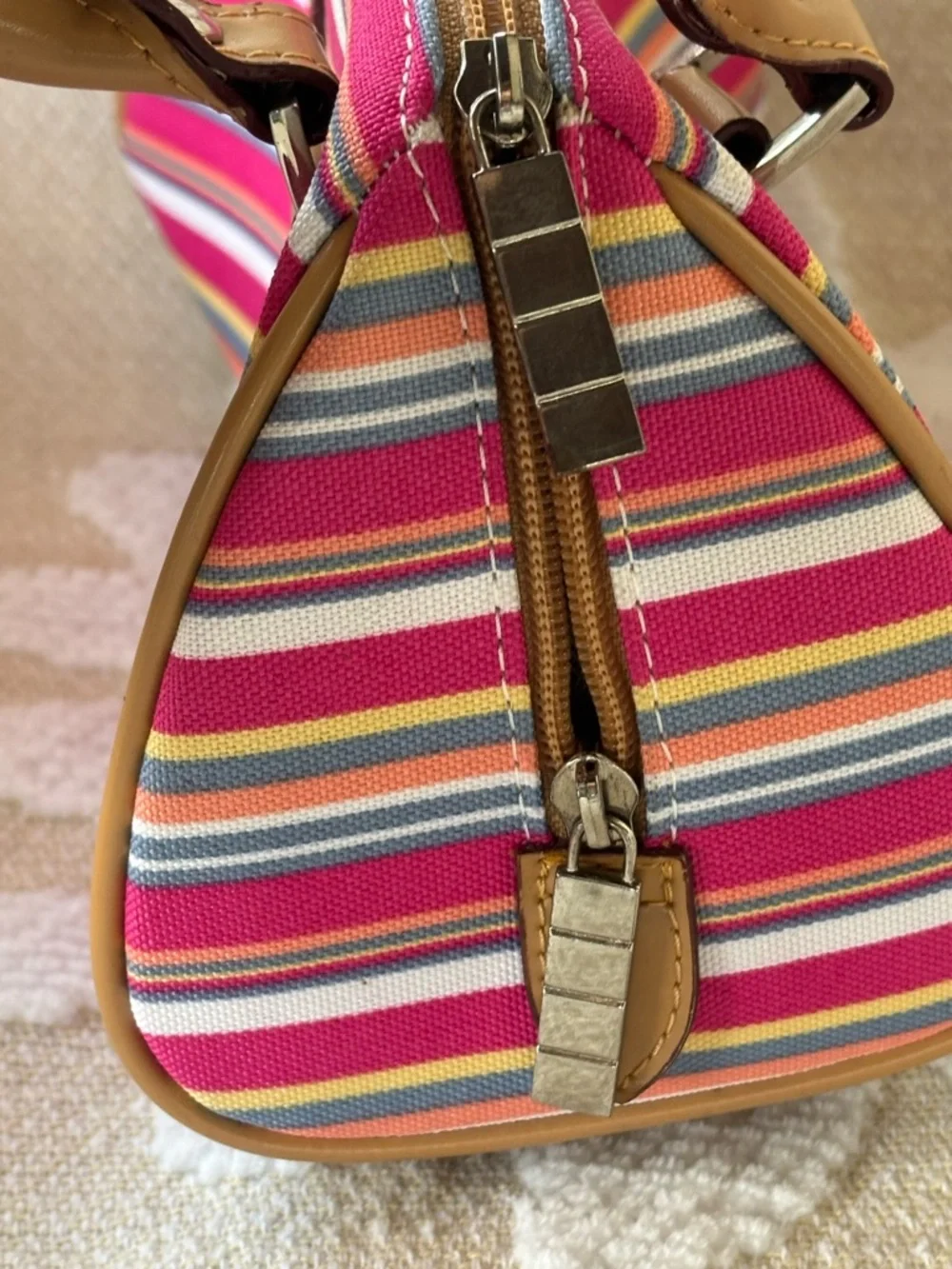 Striped Pink Multi-Color Canvas Satchel with Tan Handles - Picture 5 of 12